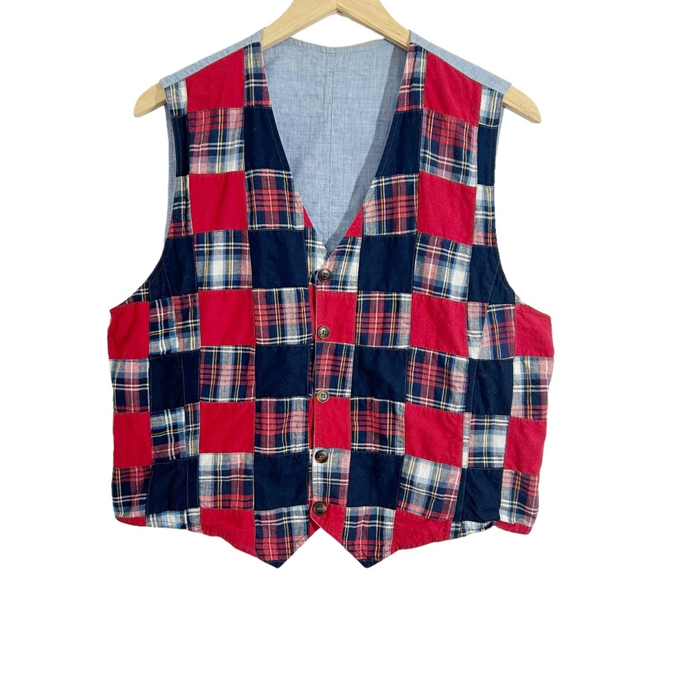 Liz Claiborne Vintage Multicolor Madras Plaid & Blue Chambray Reversible Vest, L